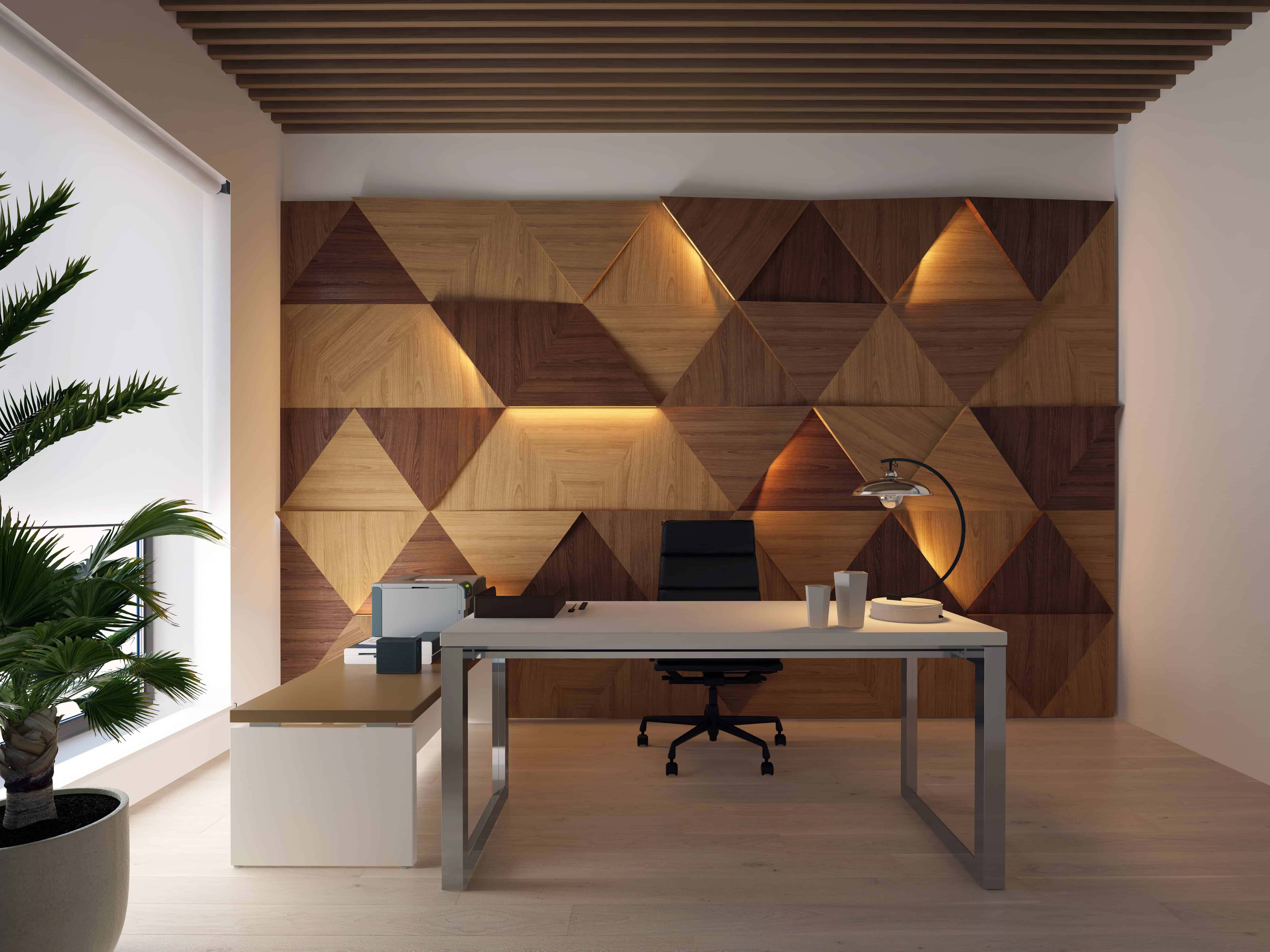 Contemporary office with triangular wood paneling design