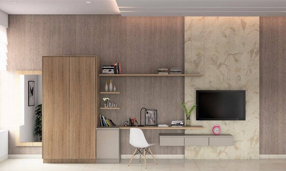 Modern study space with wood veneer wall paneling and built-in storage