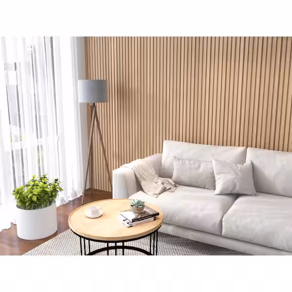 Modern office with geometric wood paneling accent wall